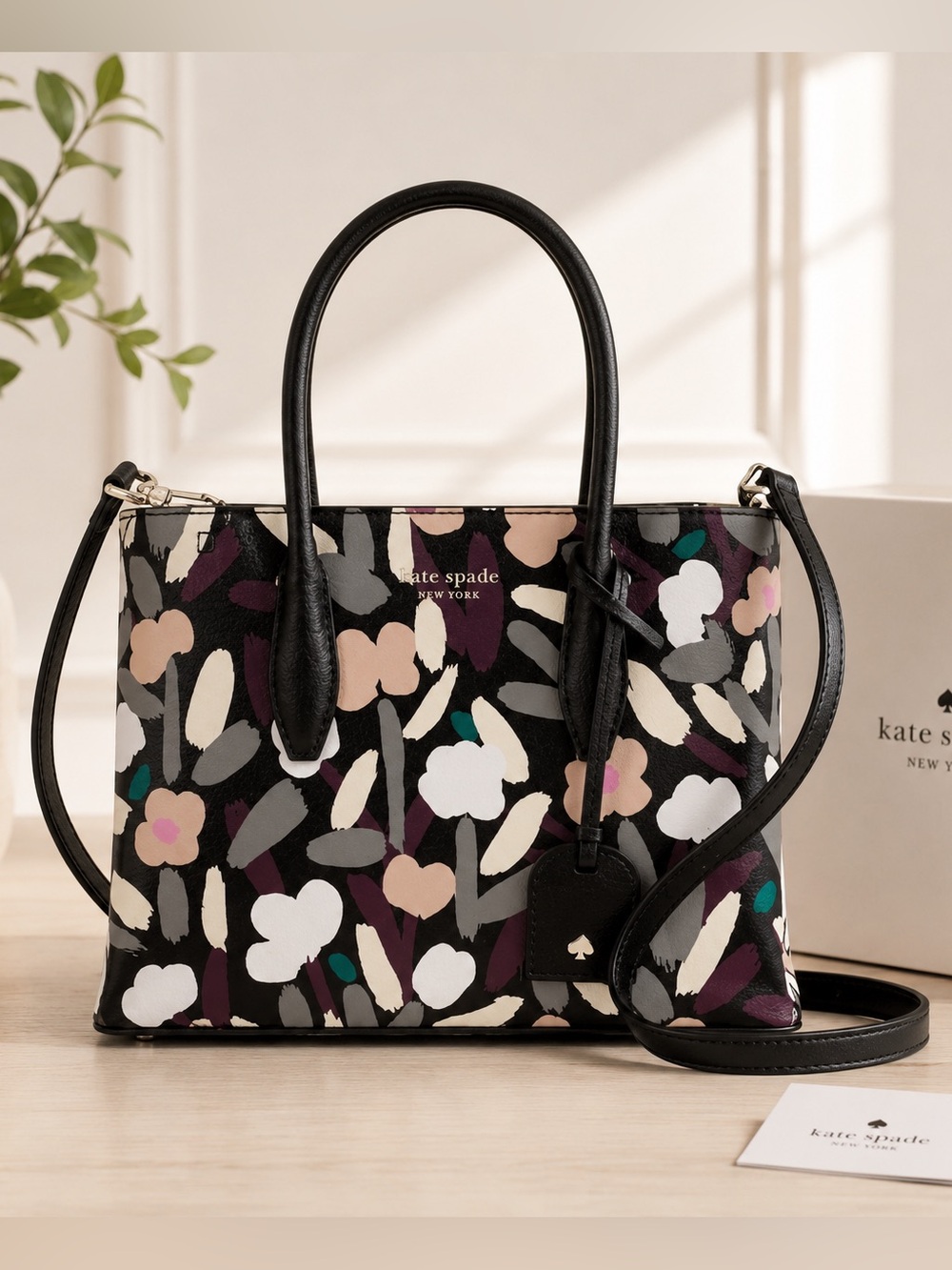 Kate Spade Eva Fete Black Floral medium Satchel with Removable Strap